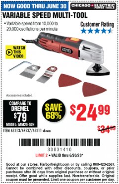 Harbor Freight Coupon VARIABLE SPEED MULTI-TOOL Lot No. 63113/67537/63111 Expired: 6/30/20 - $24.99
