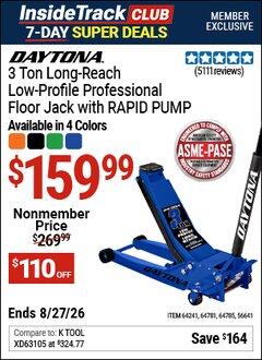 Harbor Freight Coupon DAYTONA 3 TON LONG-REACH LOW-PROFILE PROFESSIONAL FLOOR JACK WITH RAPID PUMP Lot No. 56641/64241/64781/64785 Valid: 12/31/69 - 8/27/26 - $159.99