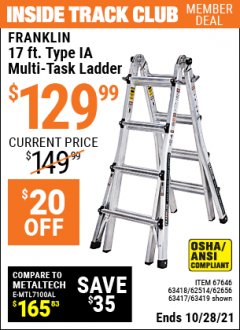 Harbor Freight ITC Coupon FRANKLIN 17FT. TYPE IA MULTI-TASK LADDER Lot No. 63419, 67646, 62514, 63418, 63417 Expired: 10/28/21 - $129.99