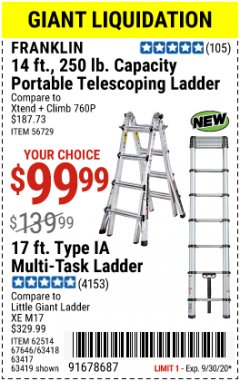 Harbor Freight Coupon FRANKLIN 17FT. TYPE IA MULTI-TASK LADDER Lot No. 63419, 67646, 62514, 63418, 63417 Expired: 9/30/20 - $99.99