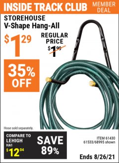 Harbor Freight ITC Coupon STOREHOUSE V-SHAPE HANG-ALL Lot No. 38442, 61430, 61533, 68995 Expired: 8/26/21 - $1.29