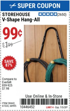 Harbor Freight Coupon STOREHOUSE V-SHAPE HANG-ALL Lot No. 38442, 61430, 61533, 68995 Expired: 7/5/20 - $0.99