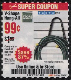 Harbor Freight Coupon STOREHOUSE V-SHAPE HANG-ALL Lot No. 38442, 61430, 61533, 68995 Expired: 7/5/20 - $0.99