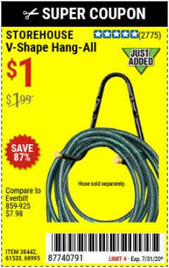 Harbor Freight Coupon STOREHOUSE V-SHAPE HANG-ALL Lot No. 38442, 61430, 61533, 68995 Expired: 7/31/20 - $1