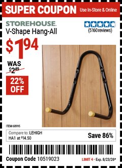Harbor Freight Coupon STOREHOUSE V-SHAPE HANG-ALL Lot No. 38442/61430/61533/68995 Expired: 8/23/26 - $1.94