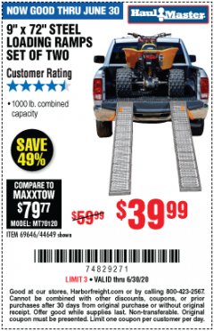 Harbor Freight Coupon 9"X72" STEEL LOADING RAMPS SET OF TWO Lot No. 69646/44649 Expired: 6/30/20 - $39.99