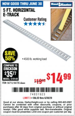 Harbor Freight Coupon 5FT HORIZONTAL E-TRACK Lot No. 56755/66726 Expired: 6/30/20 - $14.99