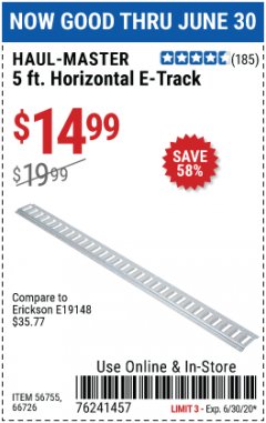 Harbor Freight Coupon 5FT HORIZONTAL E-TRACK Lot No. 56755/66726 Expired: 6/30/20 - $14.99