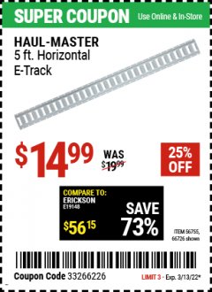 Harbor Freight Coupon 5FT HORIZONTAL E-TRACK Lot No. 56755/66726 Expired: 3/13/22 - $14.99