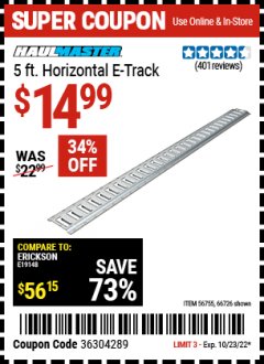 Harbor Freight Coupon 5FT HORIZONTAL E-TRACK Lot No. 56755/66726 Expired: 10/23/22 - $14.99