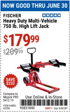 Harbor Freight Coupon HEAVY DUTY MULTI-VEHICLE 750LB. HIGH LIFT JACK Lot No. 64884/63298 Expired: 6/30/20 - $179.99