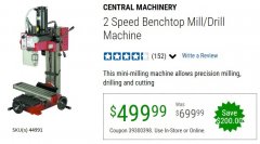 Harbor Freight Coupon 2 SPEED BENCHTOP MILL/DRILL MACHINE Lot No. 44991 Expired: 6/30/20 - $499.99