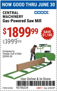 Harbor Freight Coupon CENTRAL MACHINERY GAS-POWERED SAW MILL Lot No. 62366 Expired: 6/30/20 - $1899.99