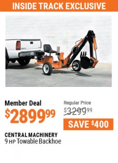 Harbor Freight ITC Coupon CENTRAL MACHINERY 9 HP TOWABLE BACKHOE Lot No. 62365, 65162 Expired: 5/31/21 - $2899.99