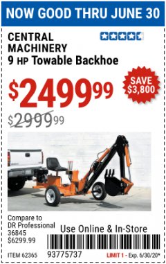 Harbor Freight Coupon CENTRAL MACHINERY 9 HP TOWABLE BACKHOE Lot No. 62365, 65162 Expired: 6/30/20 - $2499.99