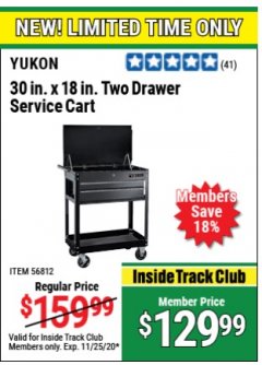Harbor Freight Coupon 30" X 18" 2 DRAWER SERVICE CART Lot No. 56812/57309 Expired: 11/25/20 - $129.99