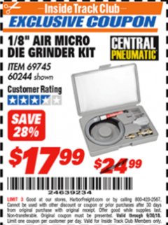 Harbor Freight ITC Coupon 1/8" AIR DIE GRINDER Lot No. 47869/69745/60244 Expired: 9/30/18 - $17.99