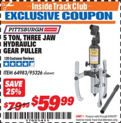 Harbor Freight ITC Coupon 5 TON, THREE JAW HYDRAULIC GEAR PULLER Lot No. 64983/95326 Expired: 6/30/20 - $59.99