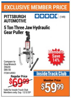 Harbor Freight ITC Coupon 5 TON, THREE JAW HYDRAULIC GEAR PULLER Lot No. 64983/95326 Expired: 12/3/20 - $59.99