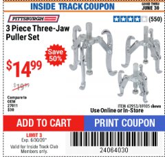Harbor Freight ITC Coupon 3 PIECE THREE-JAW PULLER SET Lot No. 63953/69105 Expired: 6/30/20 - $14.99