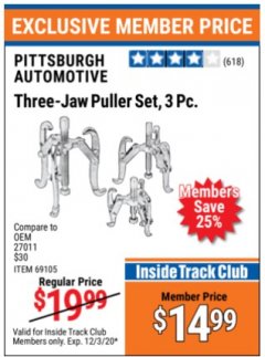Harbor Freight ITC Coupon 3 PIECE THREE-JAW PULLER SET Lot No. 63953/69105 Expired: 12/3/20 - $14.99