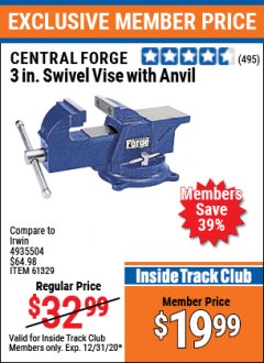 Harbor Freight ITC Coupon 3" SWIVEL VISE WITH ANVIL Lot No. 7421/61329 Expired: 12/31/20 - $19.99