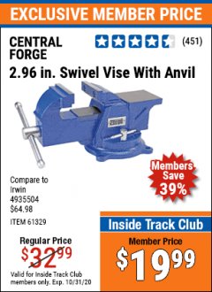 Harbor Freight Coupon 3" SWIVEL VISE WITH ANVIL Lot No. 7421/61329 Expired: 10/31/20 - $19.99