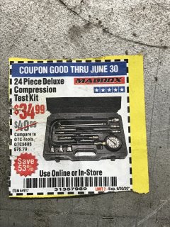 Harbor Freight Coupon MADDOX 24 PIECE DELUXE COMPRESSION TEST KIT Lot No. 64917 Expired: 6/30/20 - $34.99