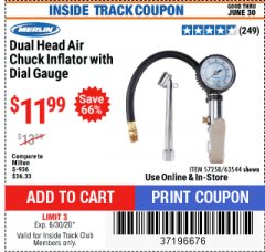 Harbor Freight ITC Coupon DUAL HEAD AIR CHUCK INFLATOR W/ DIAL GAUGE Lot No. 57258/63544 Expired: 6/30/20 - $11.99