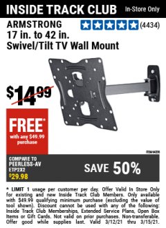 Harbor Freight FREE Coupon ARMSTRONG 17" TO 42" SWIVEL/TILT TV WALL MOUNT Lot No. 64238 Expired: 3/15/21 - FWP