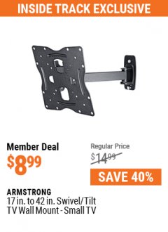 Harbor Freight ITC Coupon ARMSTRONG 17" TO 42" SWIVEL/TILT TV WALL MOUNT Lot No. 64238 Expired: 5/31/21 - $8.99