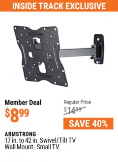 Harbor Freight ITC Coupon ARMSTRONG 17" TO 42" SWIVEL/TILT TV WALL MOUNT Lot No. 64238 Expired: 7/29/21 - $8.99