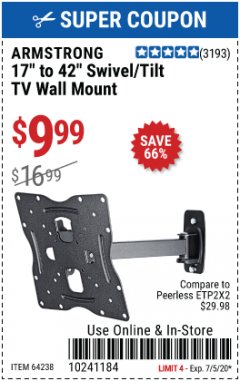Harbor Freight Coupon ARMSTRONG 17" TO 42" SWIVEL/TILT TV WALL MOUNT Lot No. 64238 Expired: 7/5/20 - $9.99