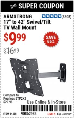 Harbor Freight Coupon ARMSTRONG 17" TO 42" SWIVEL/TILT TV WALL MOUNT Lot No. 64238 Expired: 7/31/20 - $9.99