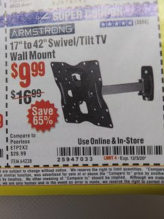 Harbor Freight Coupon ARMSTRONG 17" TO 42" SWIVEL/TILT TV WALL MOUNT Lot No. 64238 Expired: 12/3/20 - $9.99