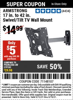 Harbor Freight Coupon ARMSTRONG 17" TO 42" SWIVEL/TILT TV WALL MOUNT Lot No. 64238 Expired: 3/15/21 - $5