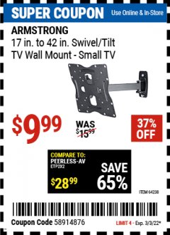 Harbor Freight Coupon ARMSTRONG 17" TO 42" SWIVEL/TILT TV WALL MOUNT Lot No. 64238 Expired: 3/3/22 - $9.99