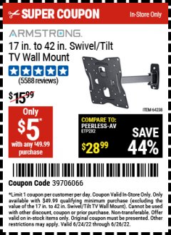 Harbor Freight Coupon ARMSTRONG 17" TO 42" SWIVEL/TILT TV WALL MOUNT Lot No. 64238 Expired: 6/26/22 - $5