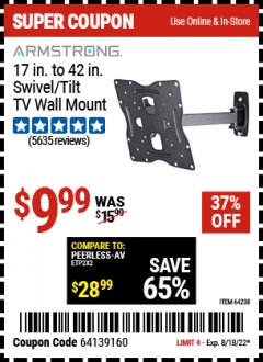 Harbor Freight Coupon ARMSTRONG 17" TO 42" SWIVEL/TILT TV WALL MOUNT Lot No. 64238 Expired: 8/18/22 - $9.99
