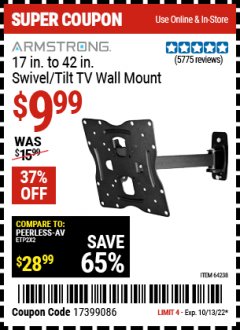 Harbor Freight Coupon ARMSTRONG 17" TO 42" SWIVEL/TILT TV WALL MOUNT Lot No. 64238 Expired: 10/13/22 - $9.99