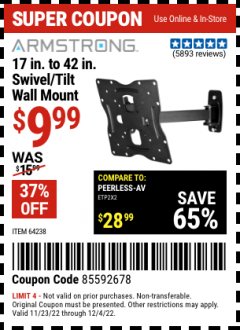 Harbor Freight Coupon ARMSTRONG 17" TO 42" SWIVEL/TILT TV WALL MOUNT Lot No. 64238 Expired: 12/4/21 - $9.99