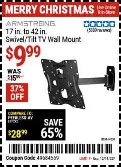 Harbor Freight Coupon ARMSTRONG 17" TO 42" SWIVEL/TILT TV WALL MOUNT Lot No. 64238 Expired: 12/11/22 - $9.99