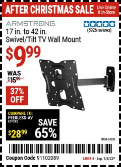 Harbor Freight Coupon ARMSTRONG 17" TO 42" SWIVEL/TILT TV WALL MOUNT Lot No. 64238 Expired: 1/8/23 - $9.99