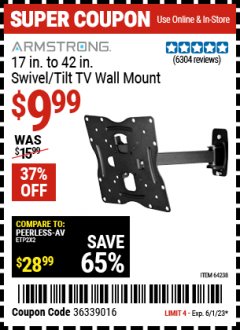 Harbor Freight Coupon ARMSTRONG 17" TO 42" SWIVEL/TILT TV WALL MOUNT Lot No. 64238 Expired: 6/1/23 - $9.99