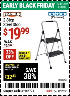 Harbor Freight ITC Coupon FRANKLIN TWO-STEP STOOL Lot No. 56760 Expired: 11/12/23 - $19.99