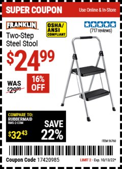 Harbor Freight Coupon FRANKLIN TWO-STEP STOOL Lot No. 56760 Expired: 10/13/22 - $24.99