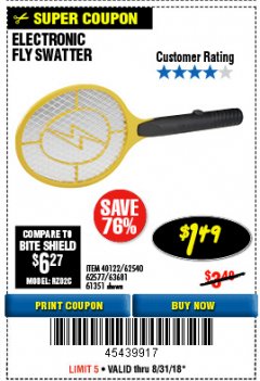 Harbor Freight Coupon ELECTRIC FLY SWATTER Lot No. 61351/40122/62540/62577 Expired: 8/31/18 - $1.49