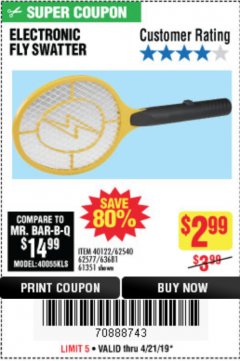 Harbor Freight Coupon ELECTRIC FLY SWATTER Lot No. 61351/40122/62540/62577 Expired: 4/21/19 - $2.99