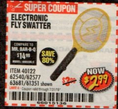 Harbor Freight Coupon ELECTRIC FLY SWATTER Lot No. 61351/40122/62540/62577 Expired: 7/31/19 - $2.99