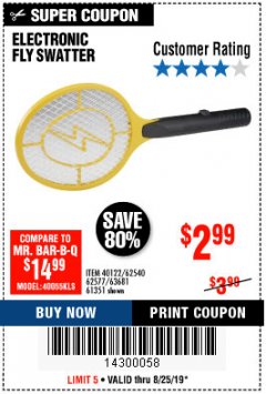 Harbor Freight Coupon ELECTRIC FLY SWATTER Lot No. 61351/40122/62540/62577 Expired: 8/25/19 - $2.99
